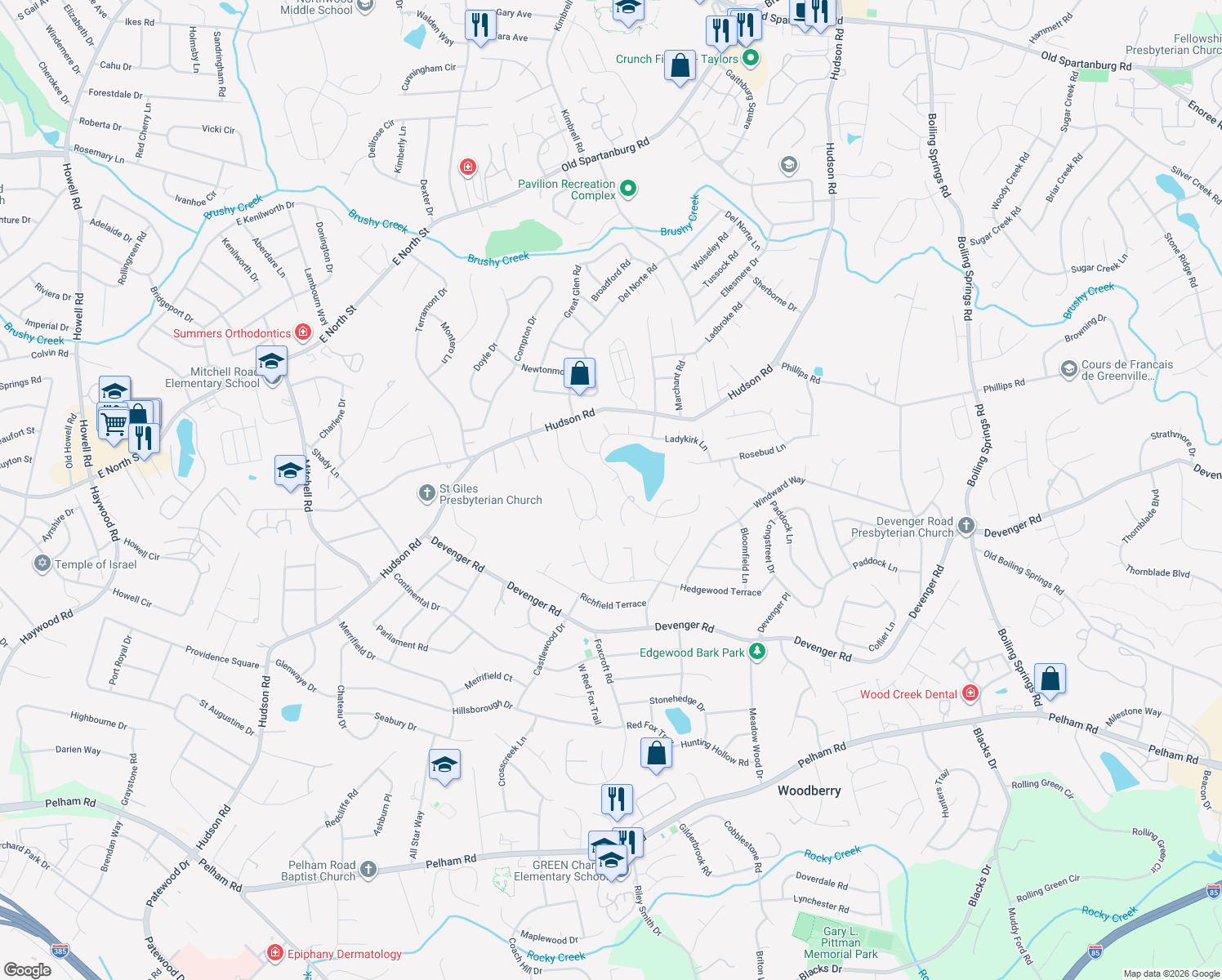 map of restaurants, bars, coffee shops, grocery stores, and more near 3 Warriston Court in Greer