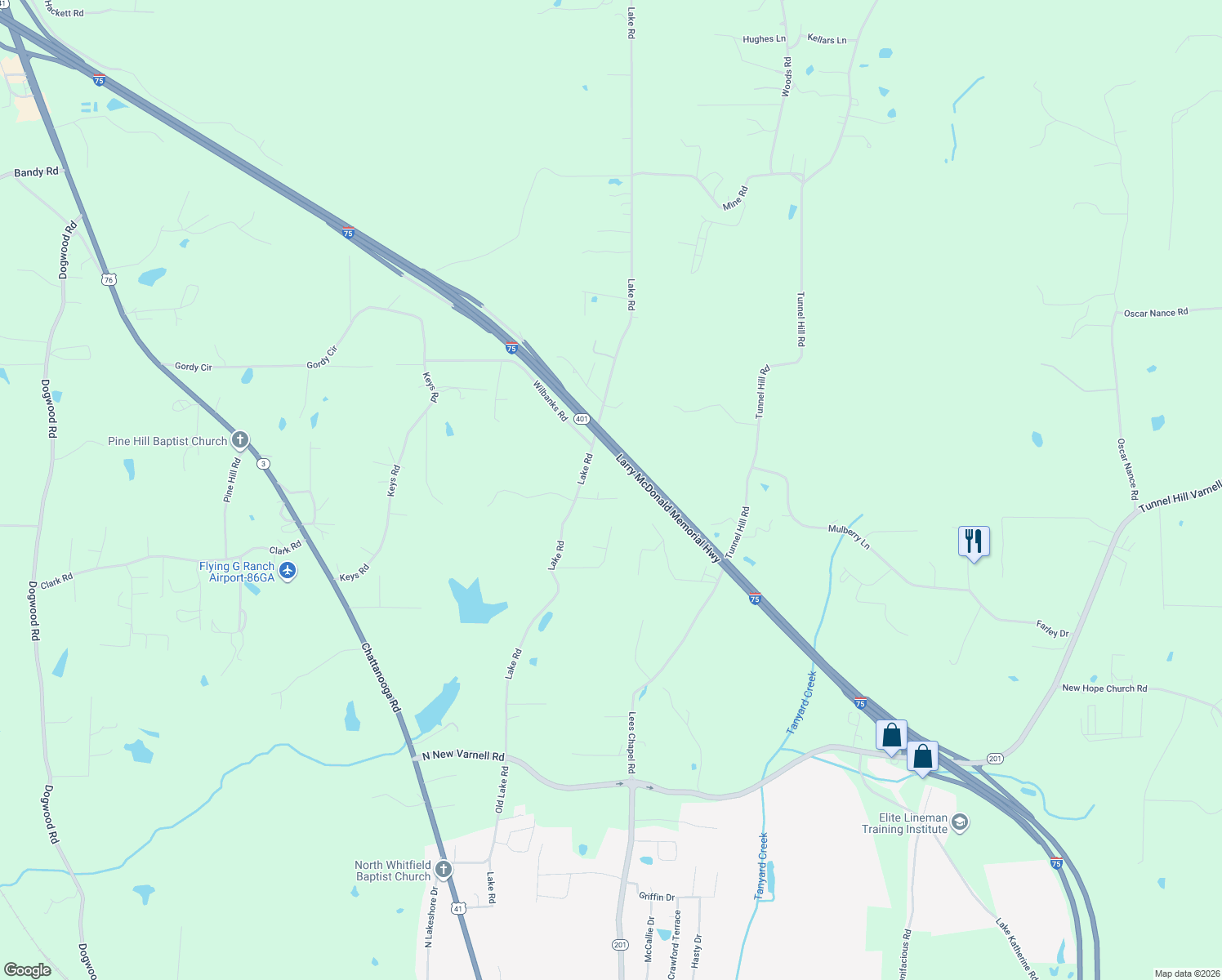 map of restaurants, bars, coffee shops, grocery stores, and more near 121 Sydney Lane in Tunnel Hill