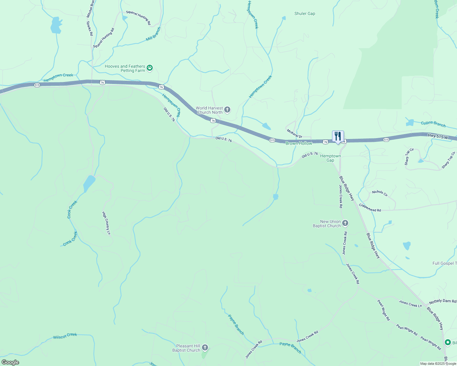map of restaurants, bars, coffee shops, grocery stores, and more near 435 Richlen Ridge Road in Blairsville