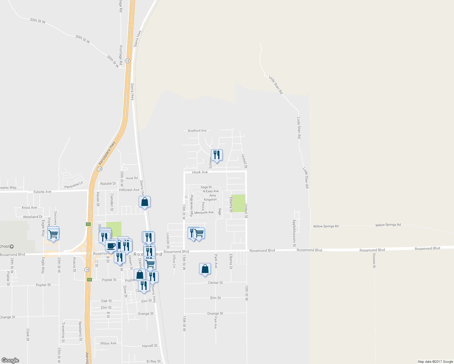 map of restaurants, bars, coffee shops, grocery stores, and more near 3533 Fernwood Street in Rosamond