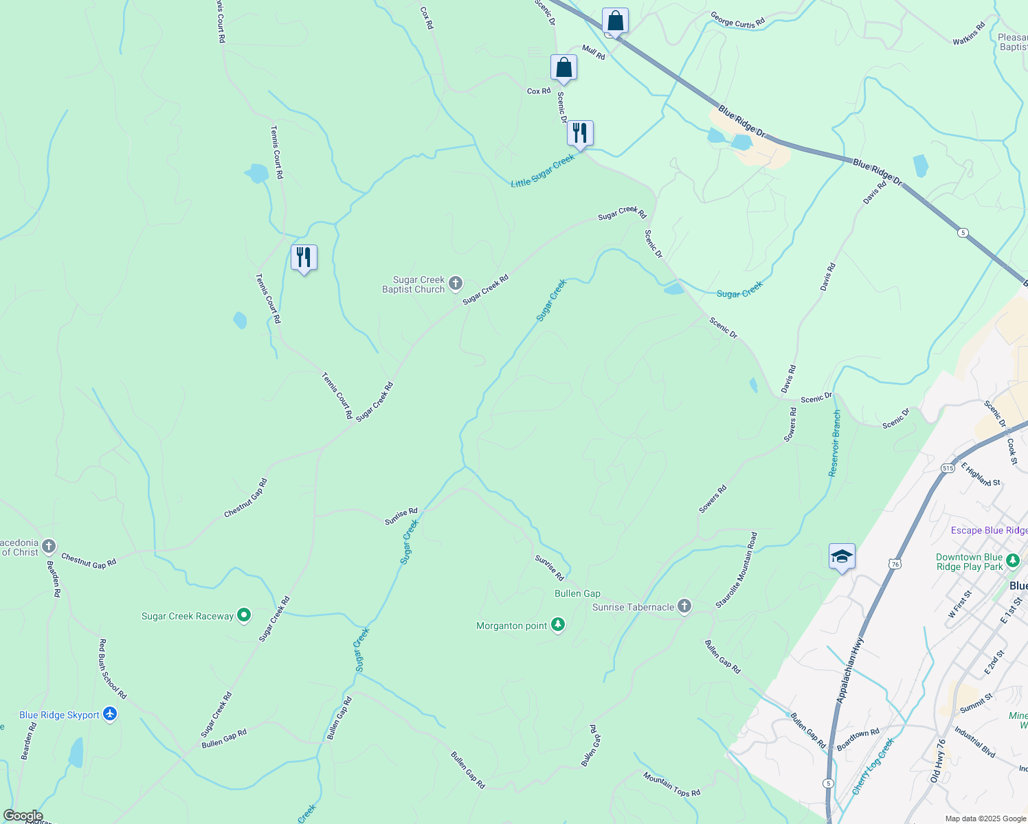 map of restaurants, bars, coffee shops, grocery stores, and more near Sunrise Valley in Blue Ridge