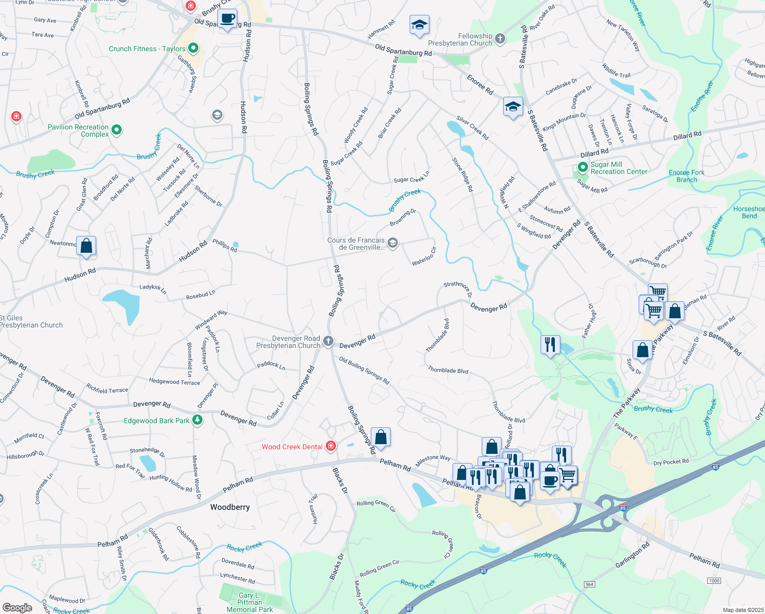 map of restaurants, bars, coffee shops, grocery stores, and more near 113 Bennington Way in Greer