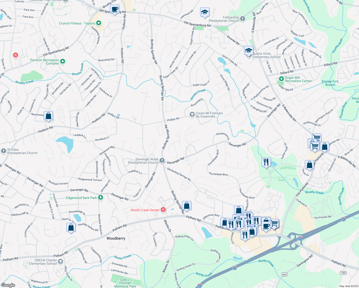 map of restaurants, bars, coffee shops, grocery stores, and more near 207 Wycliffe Drive in Greer