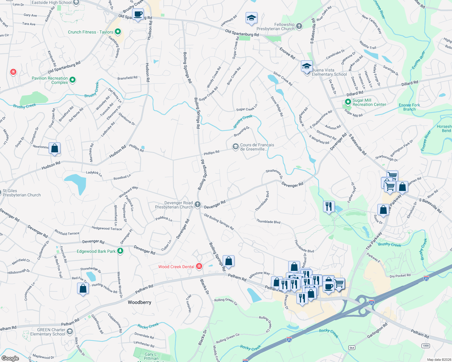 map of restaurants, bars, coffee shops, grocery stores, and more near 207 Wycliffe Dr in Greer