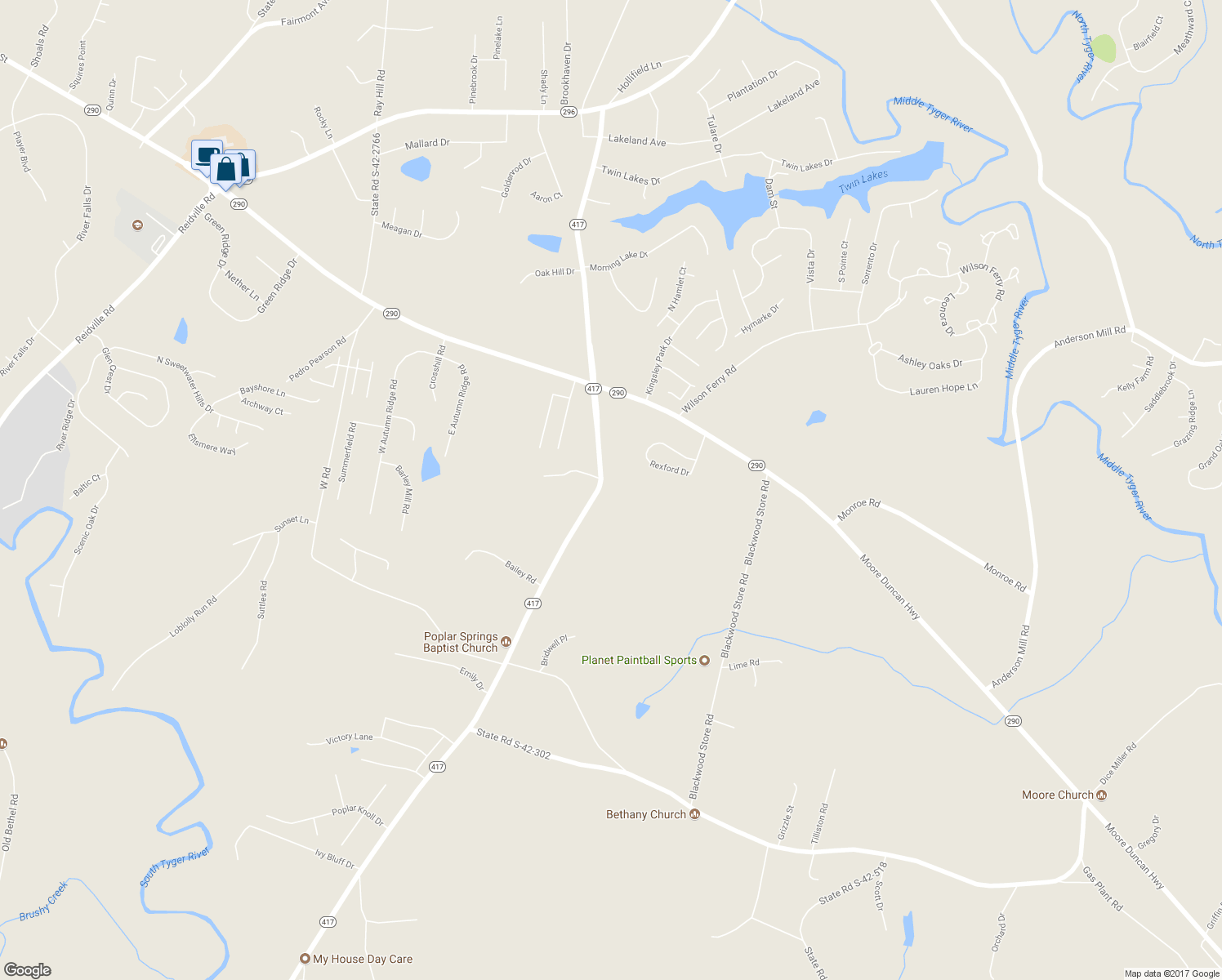 map of restaurants, bars, coffee shops, grocery stores, and more near 573 South Carolina 417 in Moore