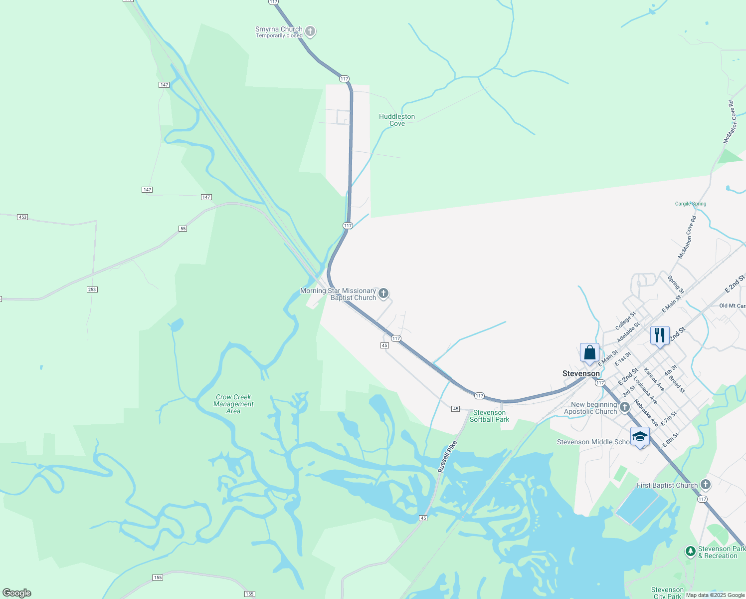 map of restaurants, bars, coffee shops, grocery stores, and more near 16144 Alabama 117 in Stevenson