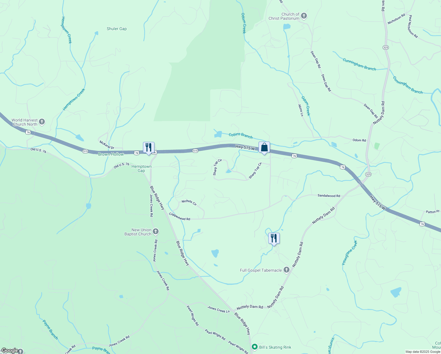 map of restaurants, bars, coffee shops, grocery stores, and more near 763 Sharp Top Circle in Blairsville
