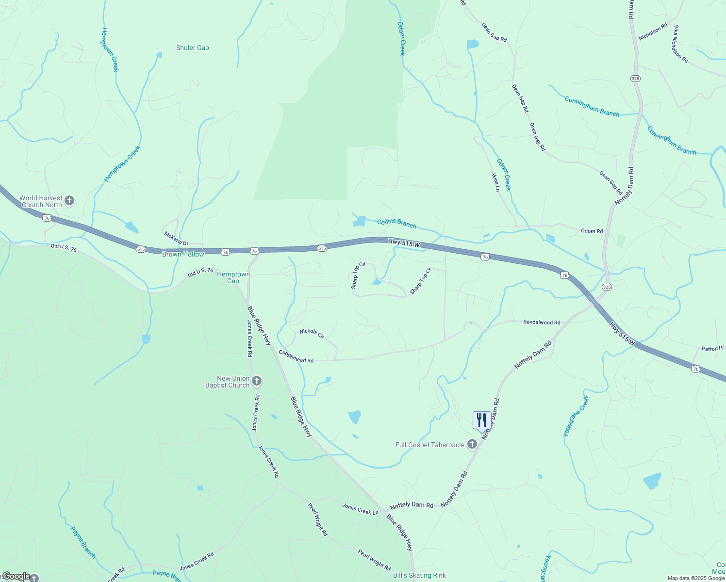 map of restaurants, bars, coffee shops, grocery stores, and more near 763 Sharp Top Circle in Blairsville