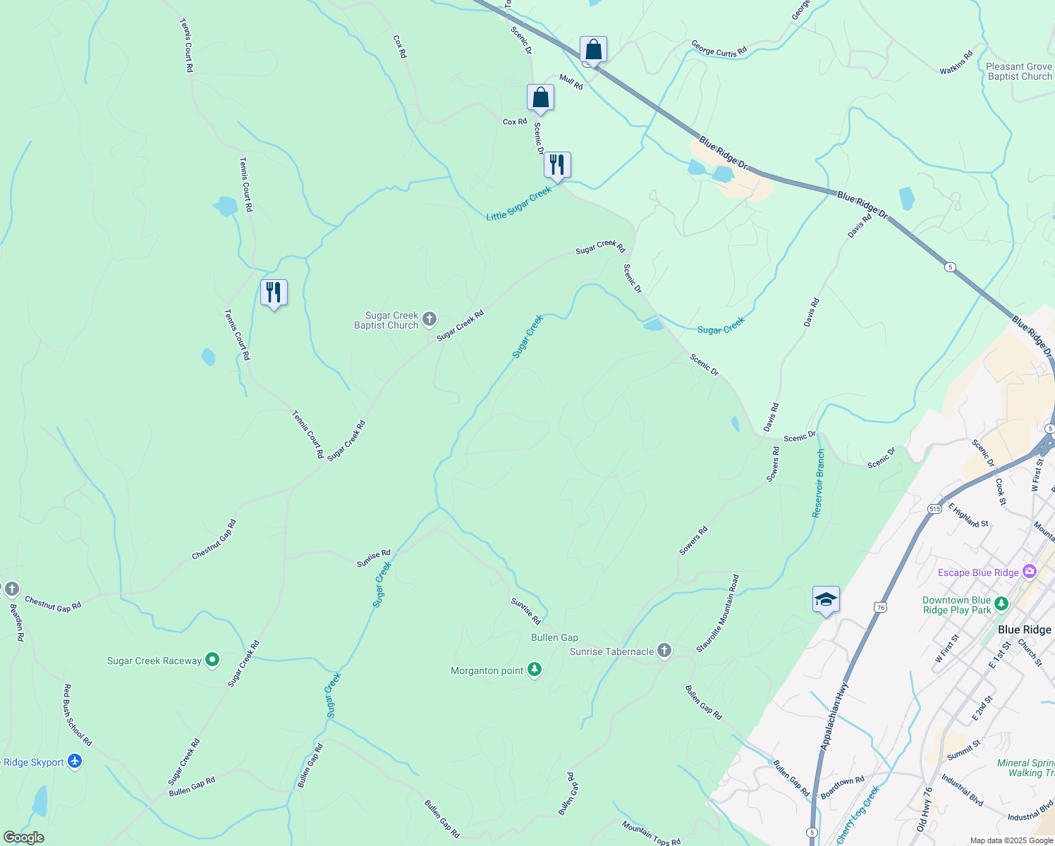 map of restaurants, bars, coffee shops, grocery stores, and more near Sunrise Valley in Blue Ridge