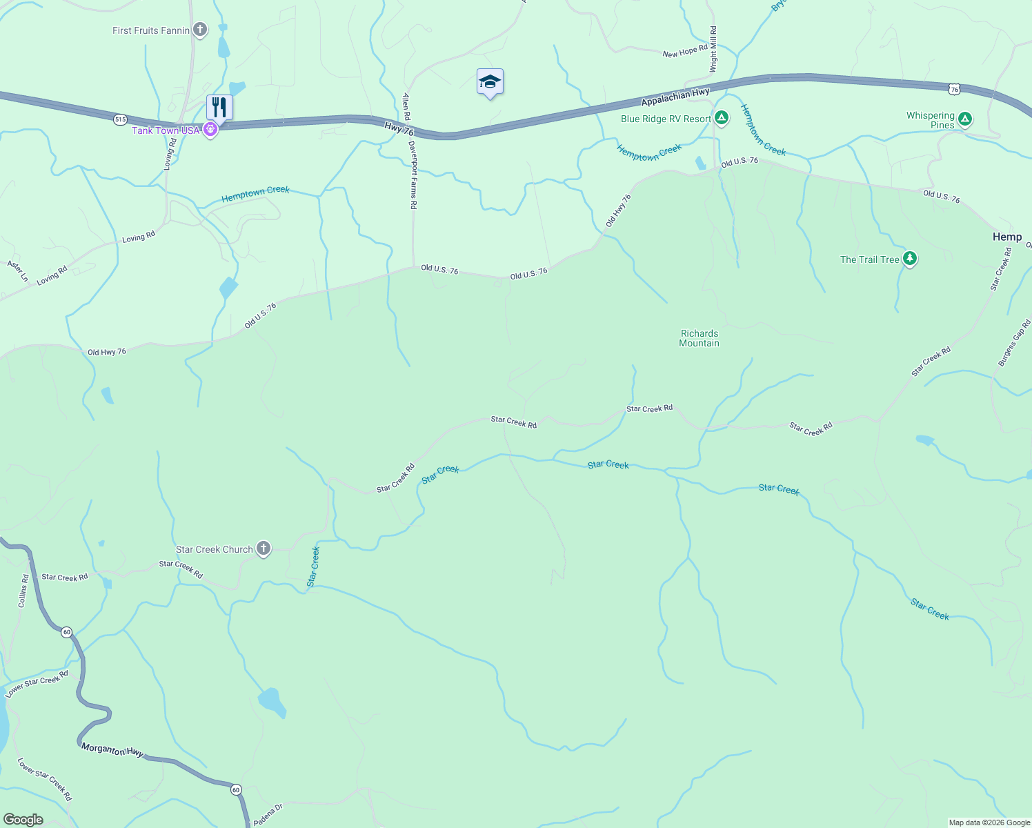 map of restaurants, bars, coffee shops, grocery stores, and more near 2107 Star Creek Road in Morganton