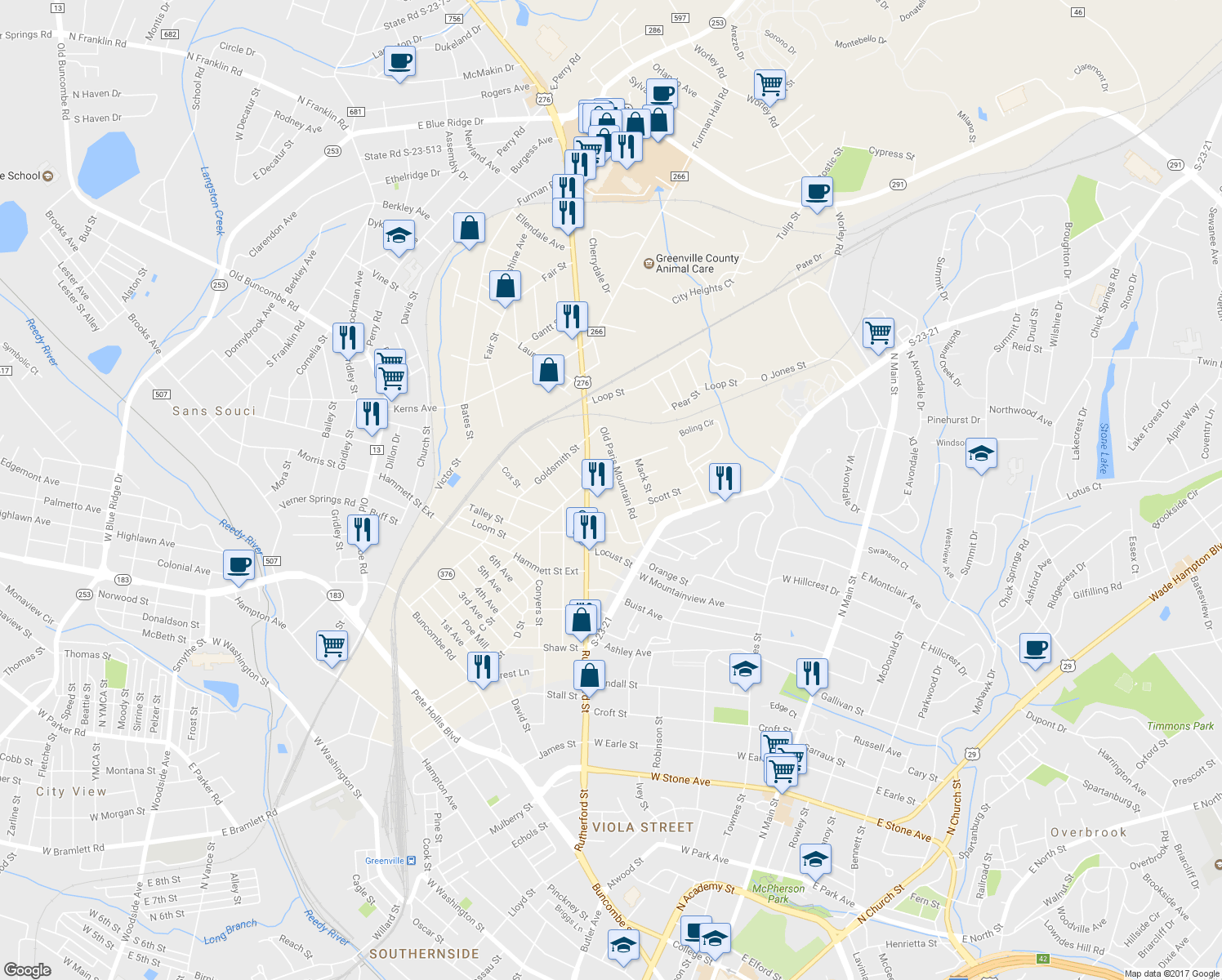 map of restaurants, bars, coffee shops, grocery stores, and more near 23 Earnhardt Street in Greenville