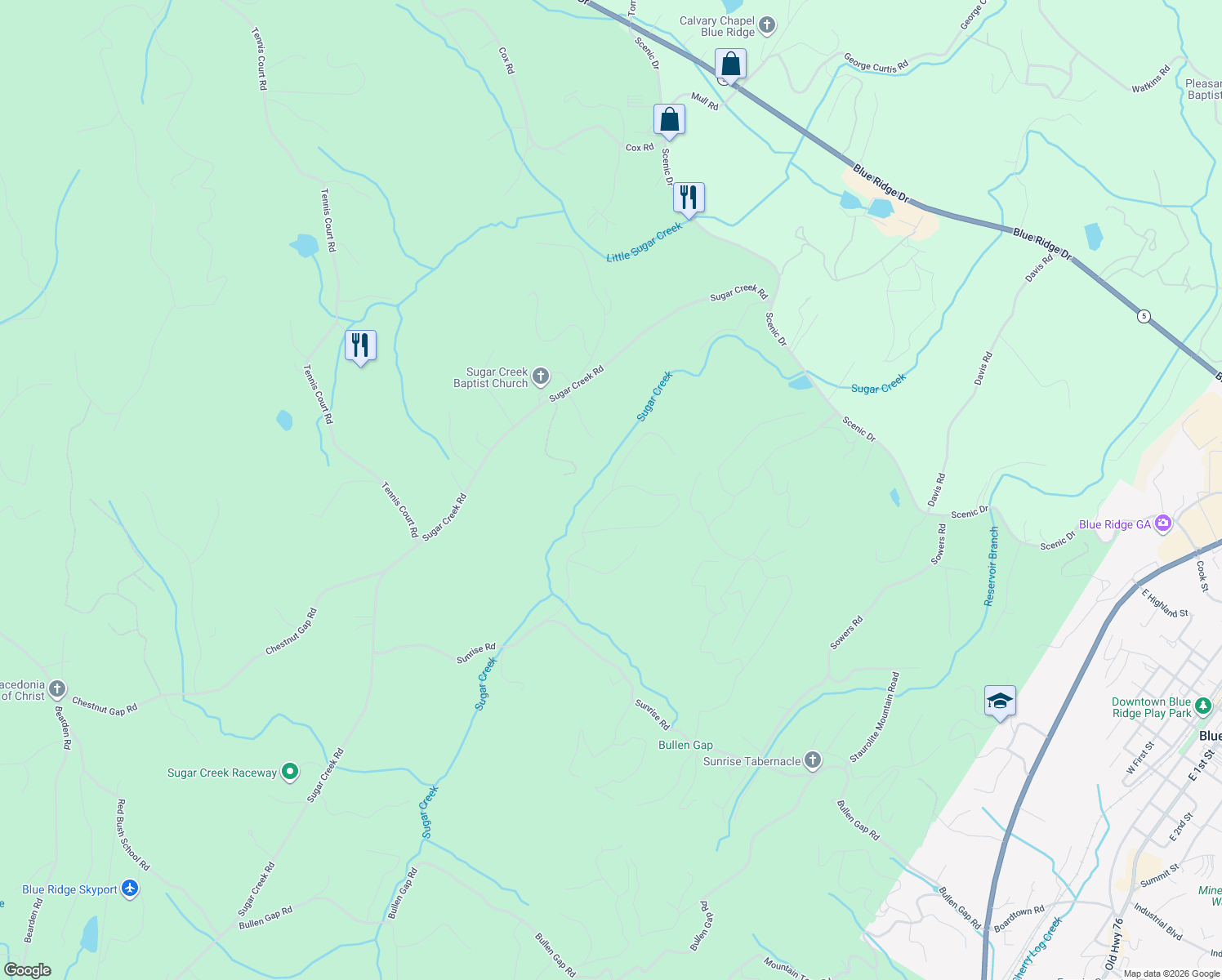 map of restaurants, bars, coffee shops, grocery stores, and more near 348 Sunrise Court in Blue Ridge