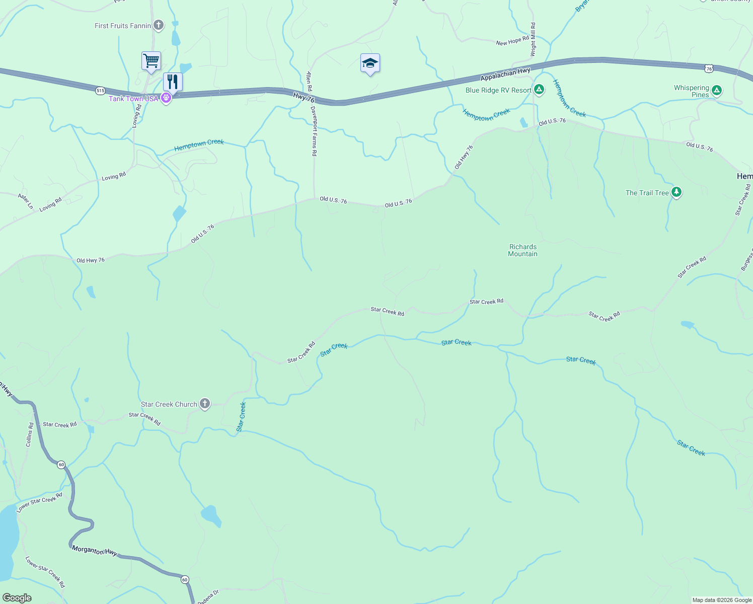 map of restaurants, bars, coffee shops, grocery stores, and more near 2107 Star Creek Road in Morganton