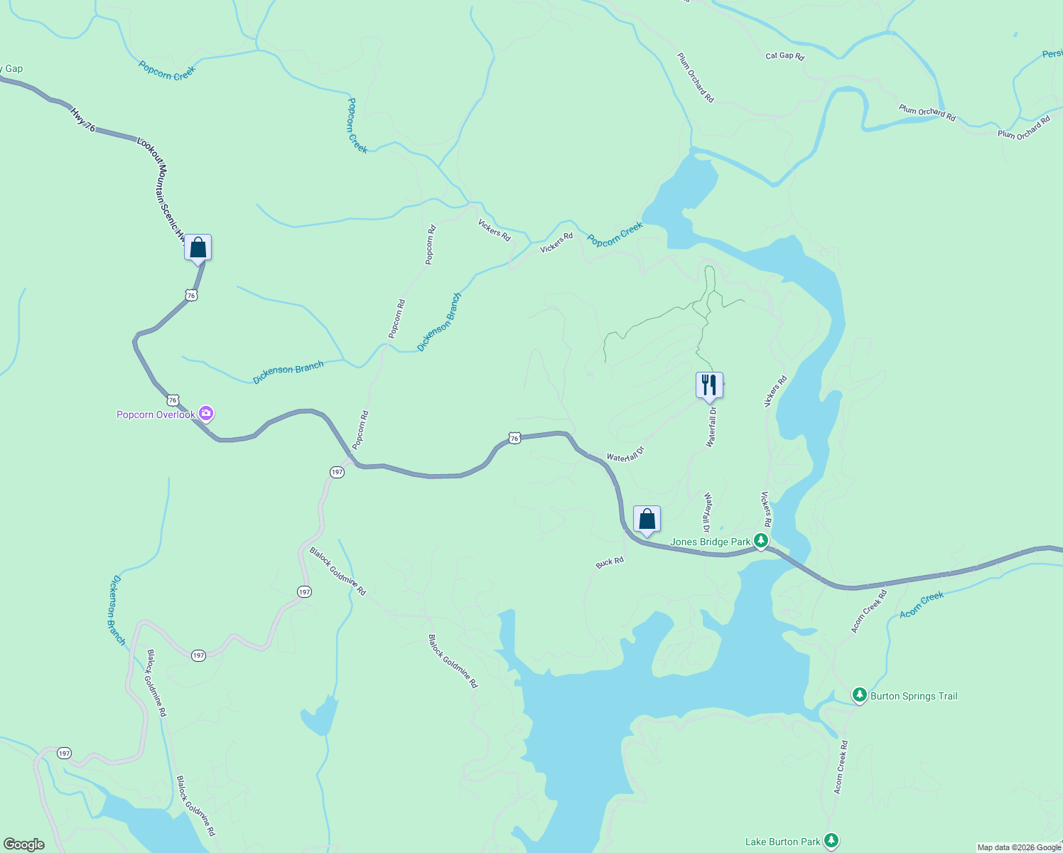 map of restaurants, bars, coffee shops, grocery stores, and more near 101-199 Lake View Lane in Clayton