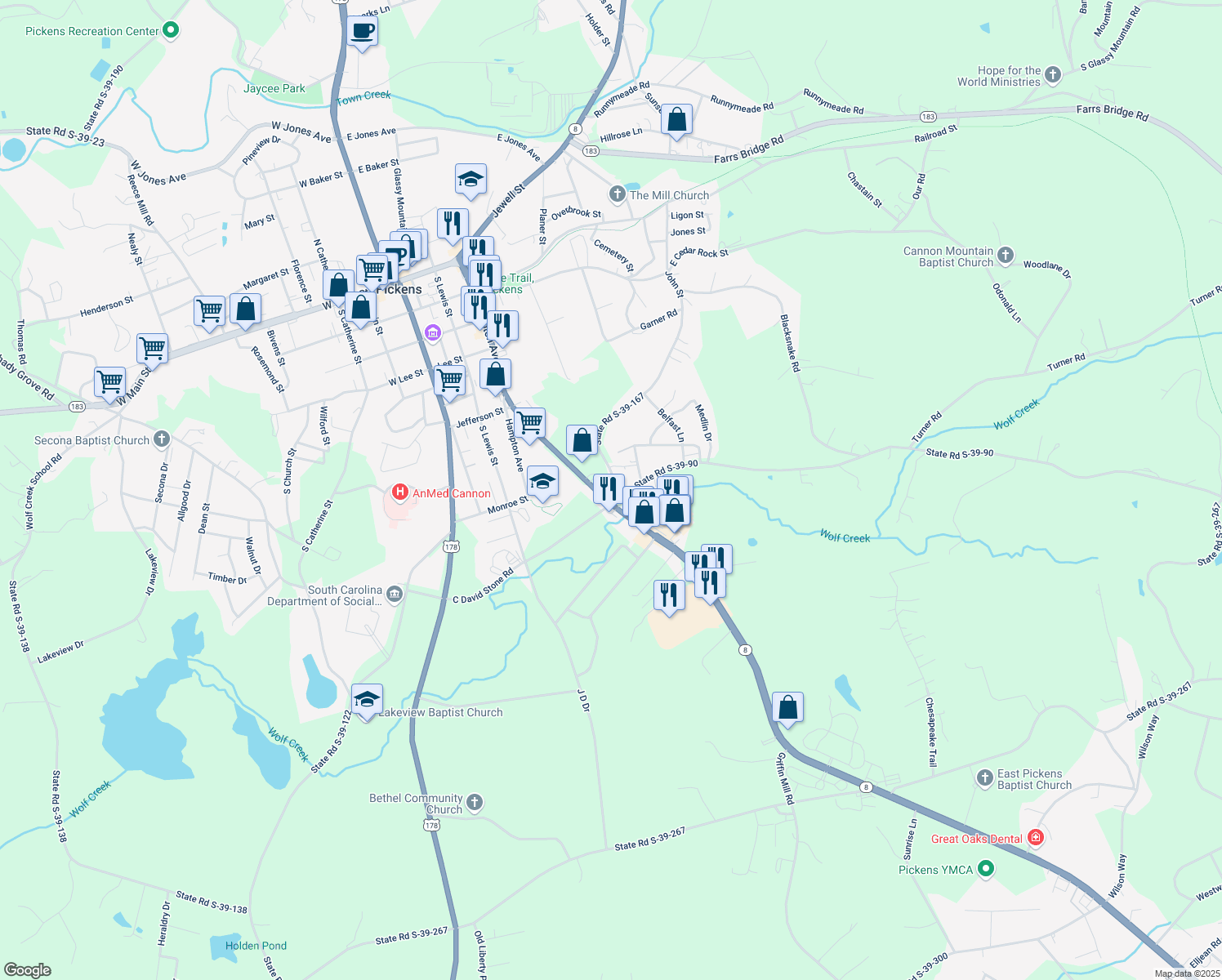 map of restaurants, bars, coffee shops, grocery stores, and more near 2900 Gentry Memorial Highway in Pickens