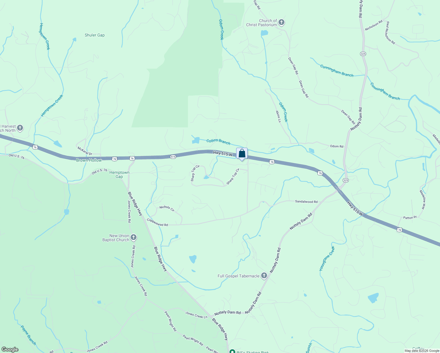 map of restaurants, bars, coffee shops, grocery stores, and more near 195 Sharp Top Circle in Blairsville