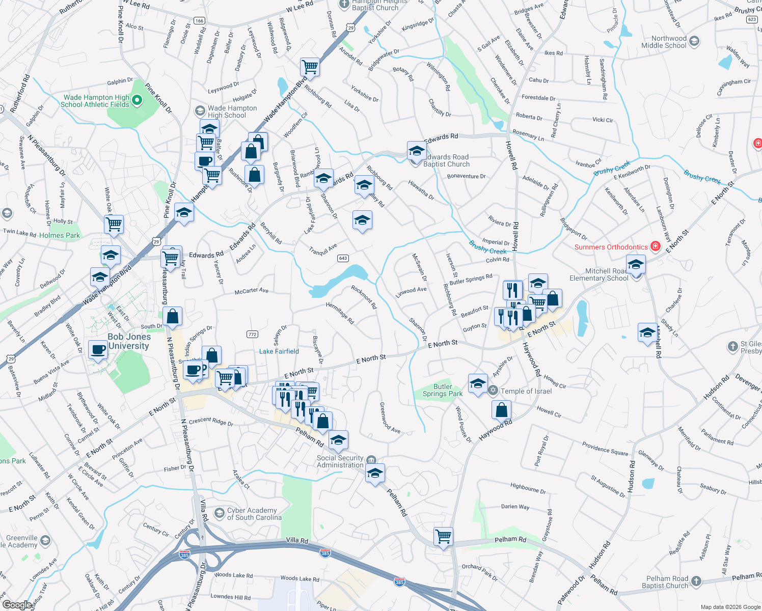 map of restaurants, bars, coffee shops, grocery stores, and more near 107 Rockmont Road in Greenville