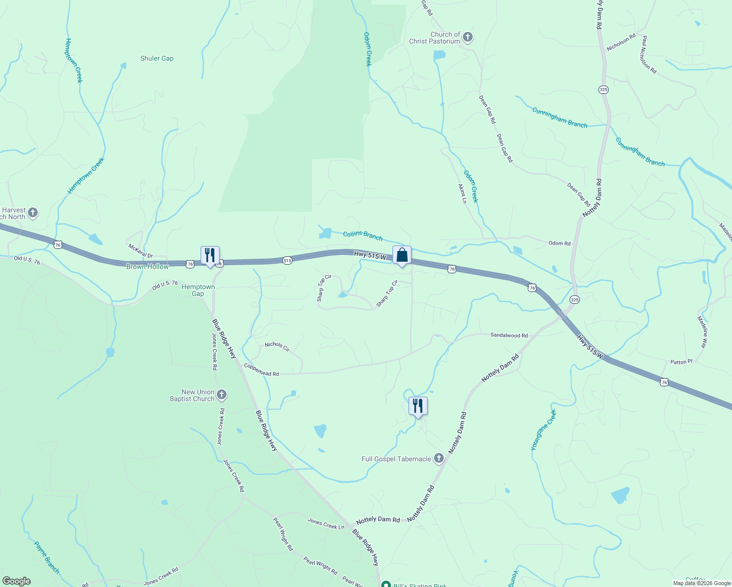 map of restaurants, bars, coffee shops, grocery stores, and more near 195 Sharp Top Circle in Blairsville