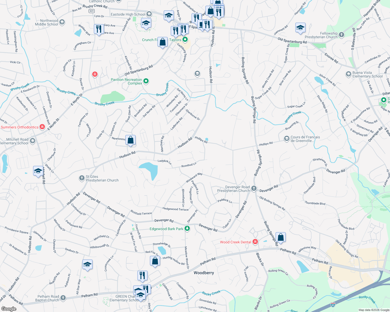 map of restaurants, bars, coffee shops, grocery stores, and more near 200 Rosebud Court in Greer