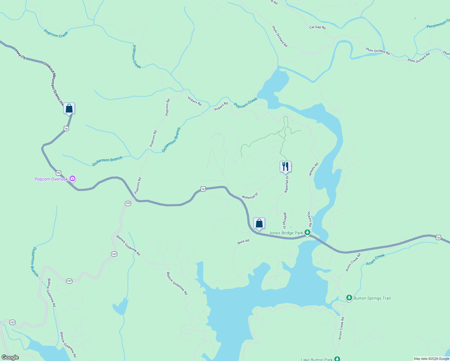 map of restaurants, bars, coffee shops, grocery stores, and more near Lake View Lane in Clayton