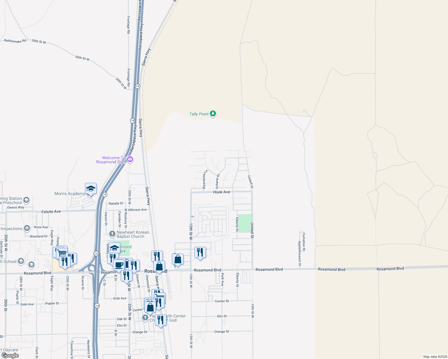 map of restaurants, bars, coffee shops, grocery stores, and more near 3665 Lyons Drive in Rosamond