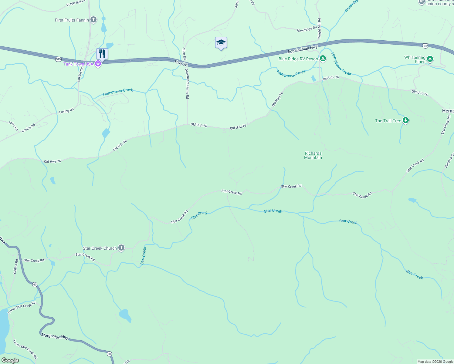 map of restaurants, bars, coffee shops, grocery stores, and more near 2107 Star Creek Road in Morganton