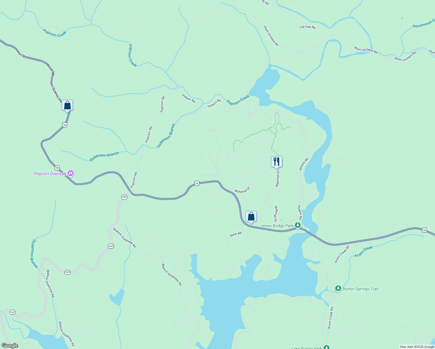 map of restaurants, bars, coffee shops, grocery stores, and more near Lake View Lane in Clayton