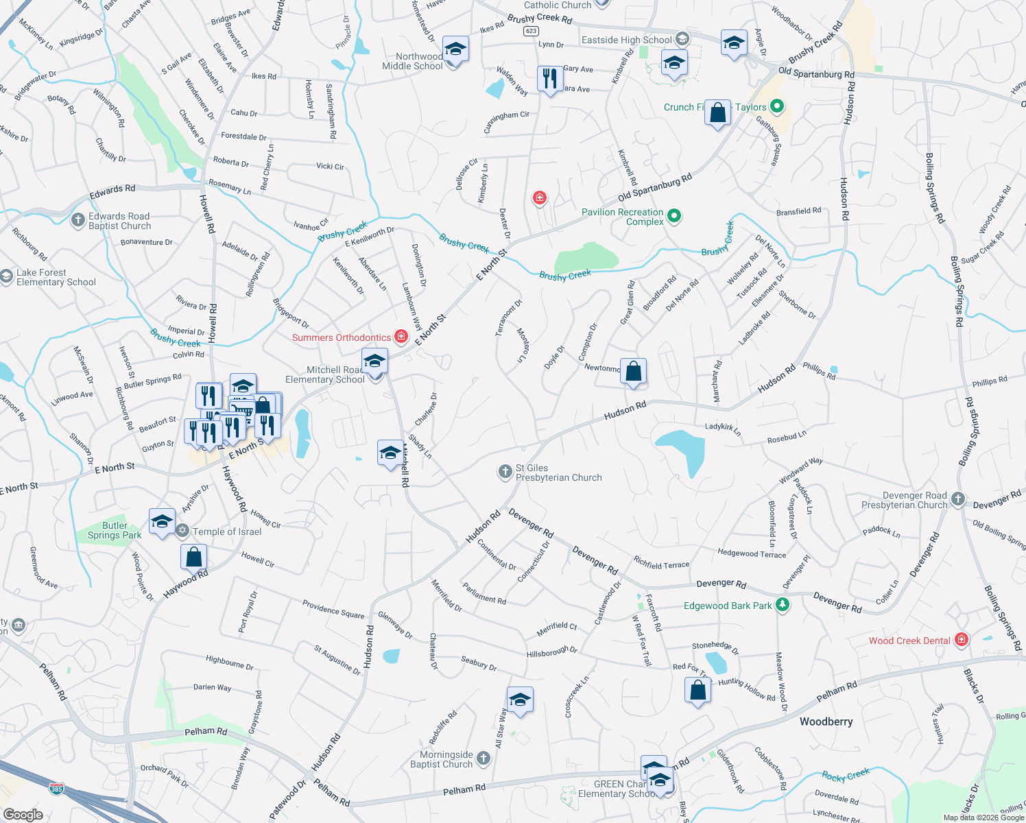 map of restaurants, bars, coffee shops, grocery stores, and more near 8 Terra Oak Drive in Greenville