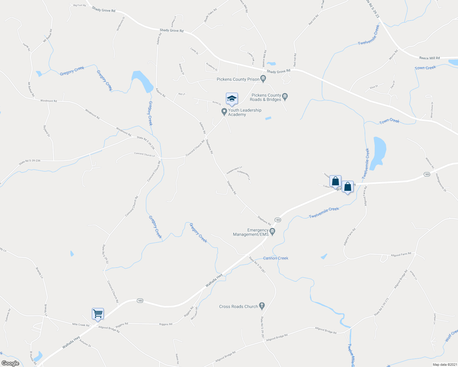map of restaurants, bars, coffee shops, grocery stores, and more near 261 Stephens Road in Pickens
