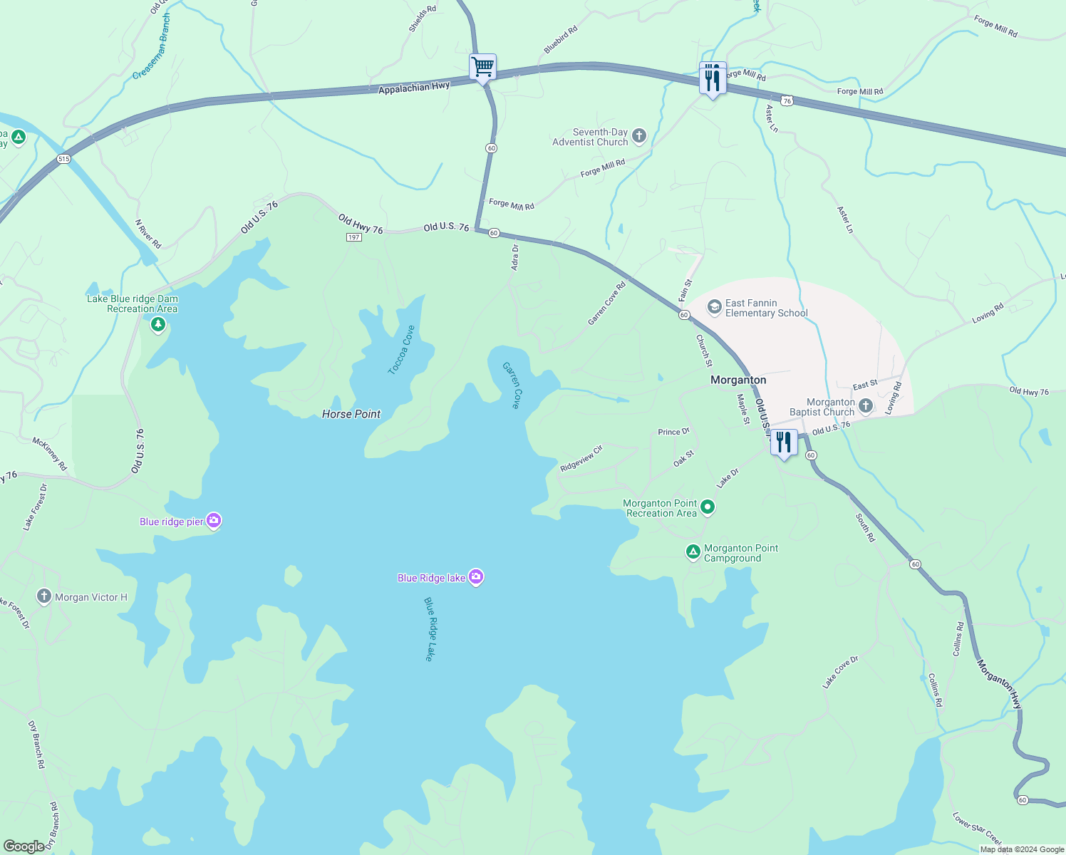 map of restaurants, bars, coffee shops, grocery stores, and more near 556 Hideaway Road in Morganton