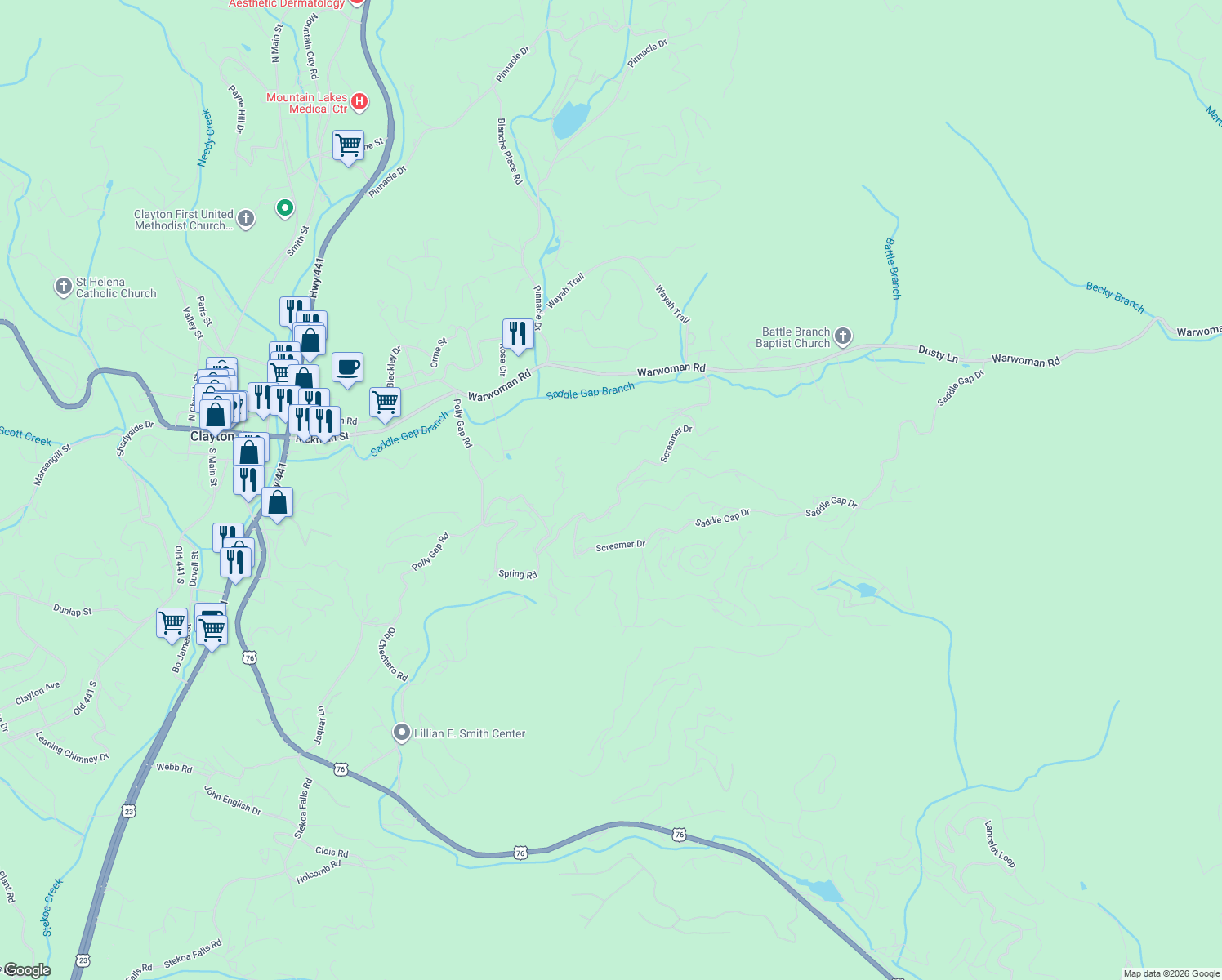 map of restaurants, bars, coffee shops, grocery stores, and more near 672 Screamer Drive in Clayton