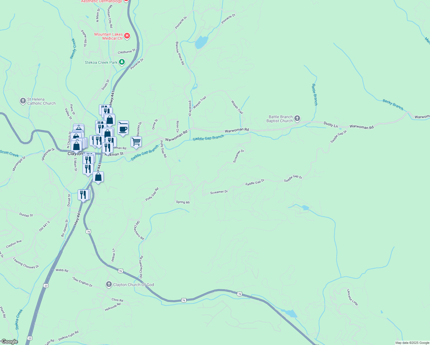 map of restaurants, bars, coffee shops, grocery stores, and more near 672 Screamer Drive in Clayton