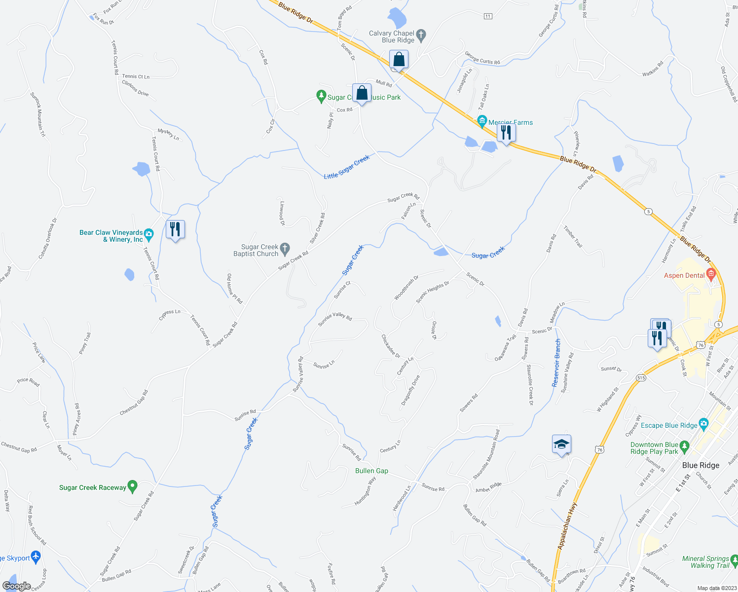 map of restaurants, bars, coffee shops, grocery stores, and more near 348 Sunrise Court in Blue Ridge