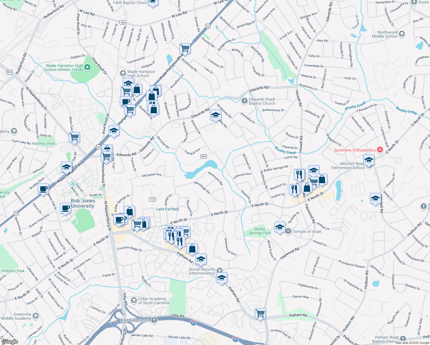 map of restaurants, bars, coffee shops, grocery stores, and more near 15 Rockmont Road in Greenville