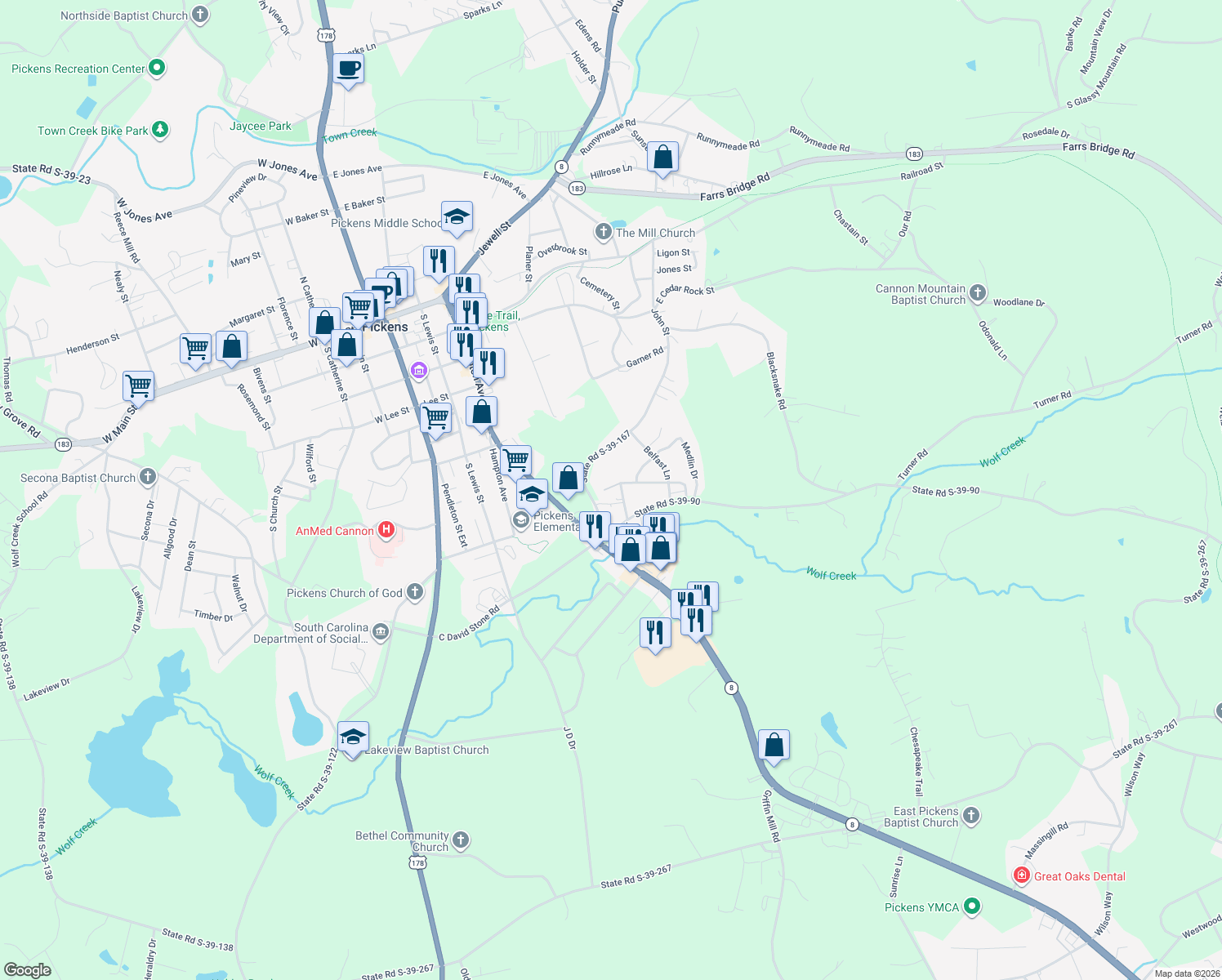 map of restaurants, bars, coffee shops, grocery stores, and more near 125 Newton Hill Road in Pickens
