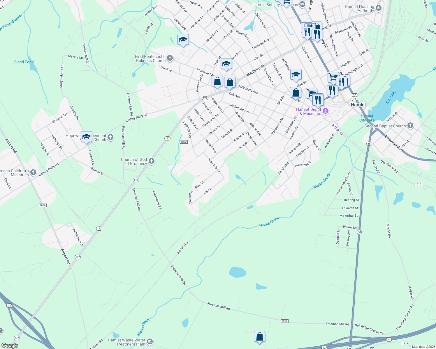 map of restaurants, bars, coffee shops, grocery stores, and more near 411 Rosedale Ln in Hamlet