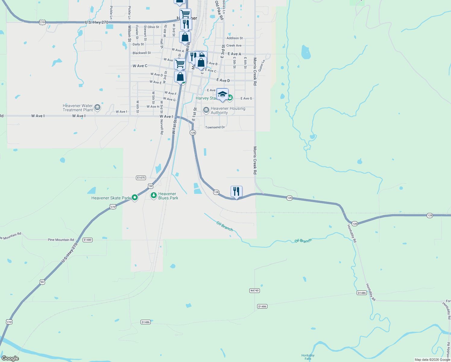 map of restaurants, bars, coffee shops, grocery stores, and more near 98 Hillcrest Drive in Heavener