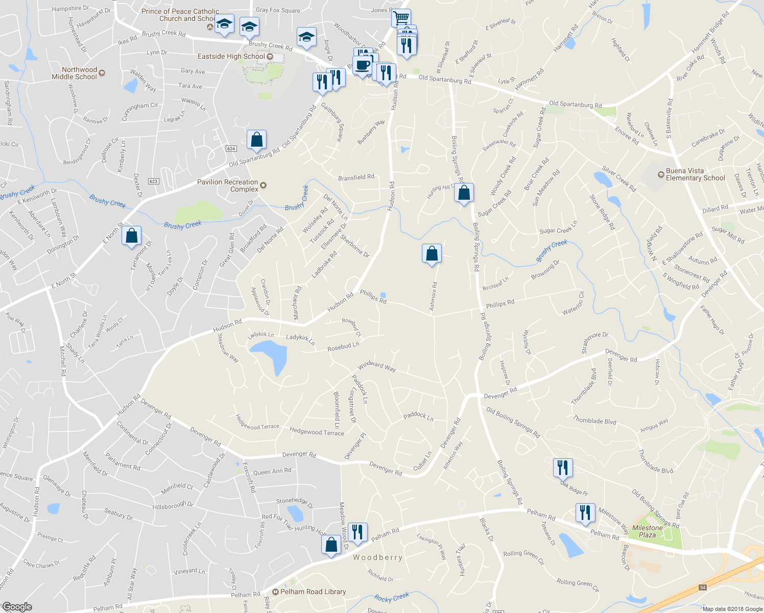 map of restaurants, bars, coffee shops, grocery stores, and more near 103 Brigham Creek Drive in Greer