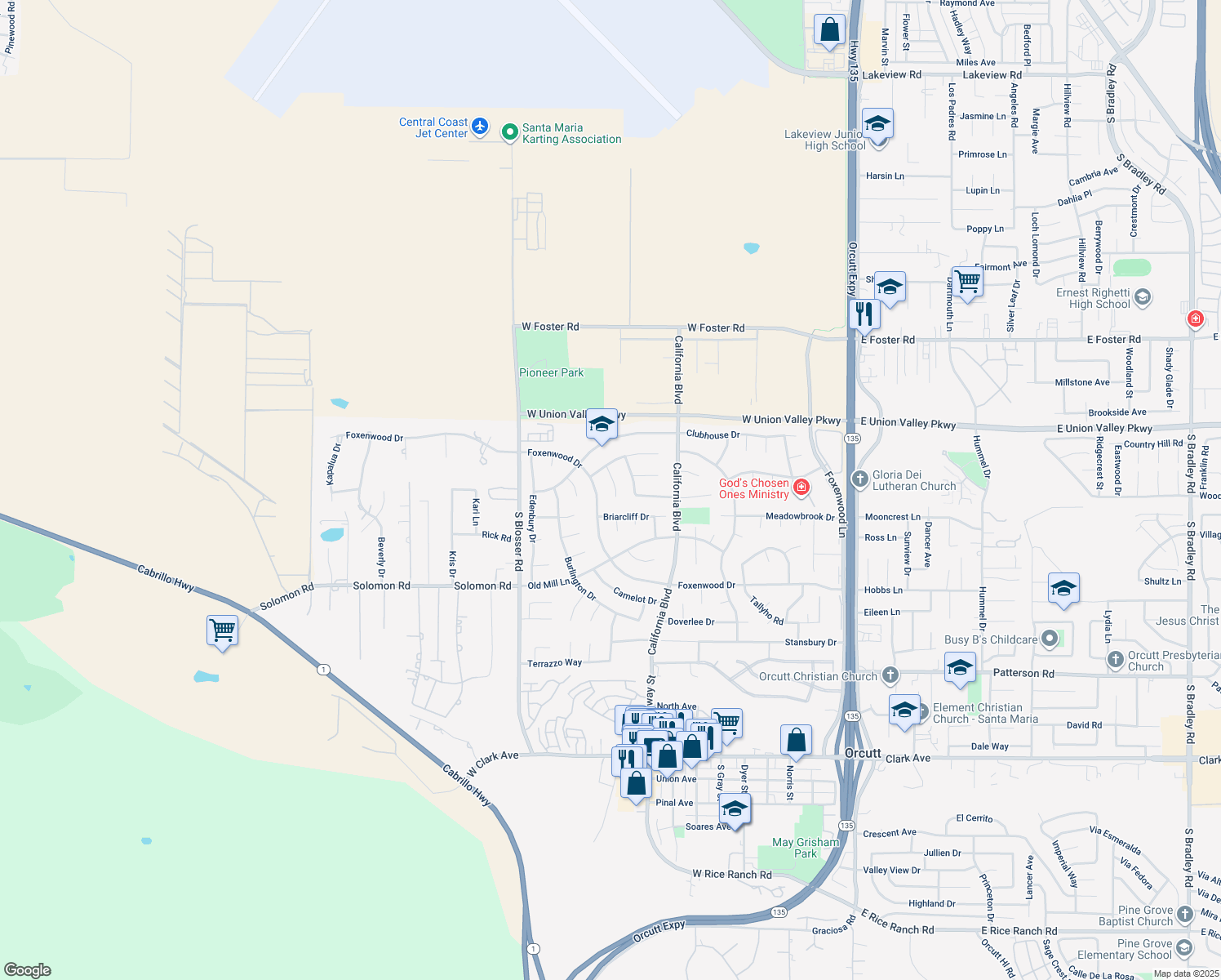 map of restaurants, bars, coffee shops, grocery stores, and more near 4347 Manchester Court in Santa Maria