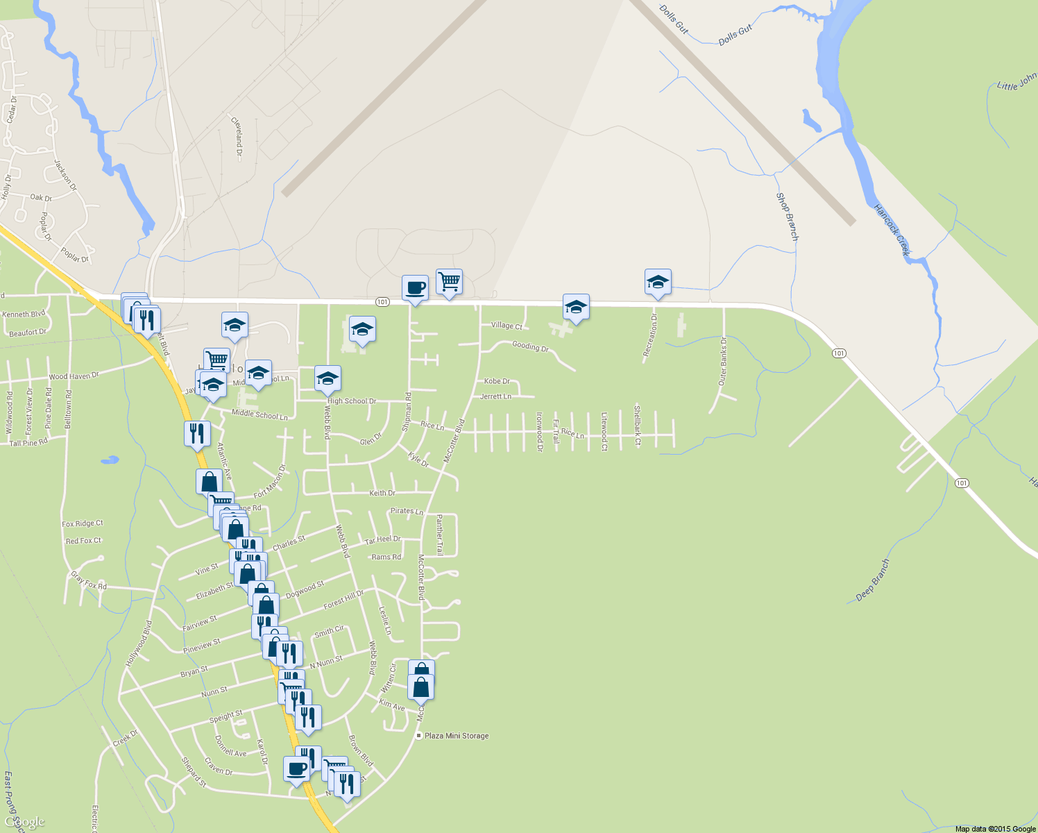 map of restaurants, bars, coffee shops, grocery stores, and more near 615 Darkwood Drive in Havelock