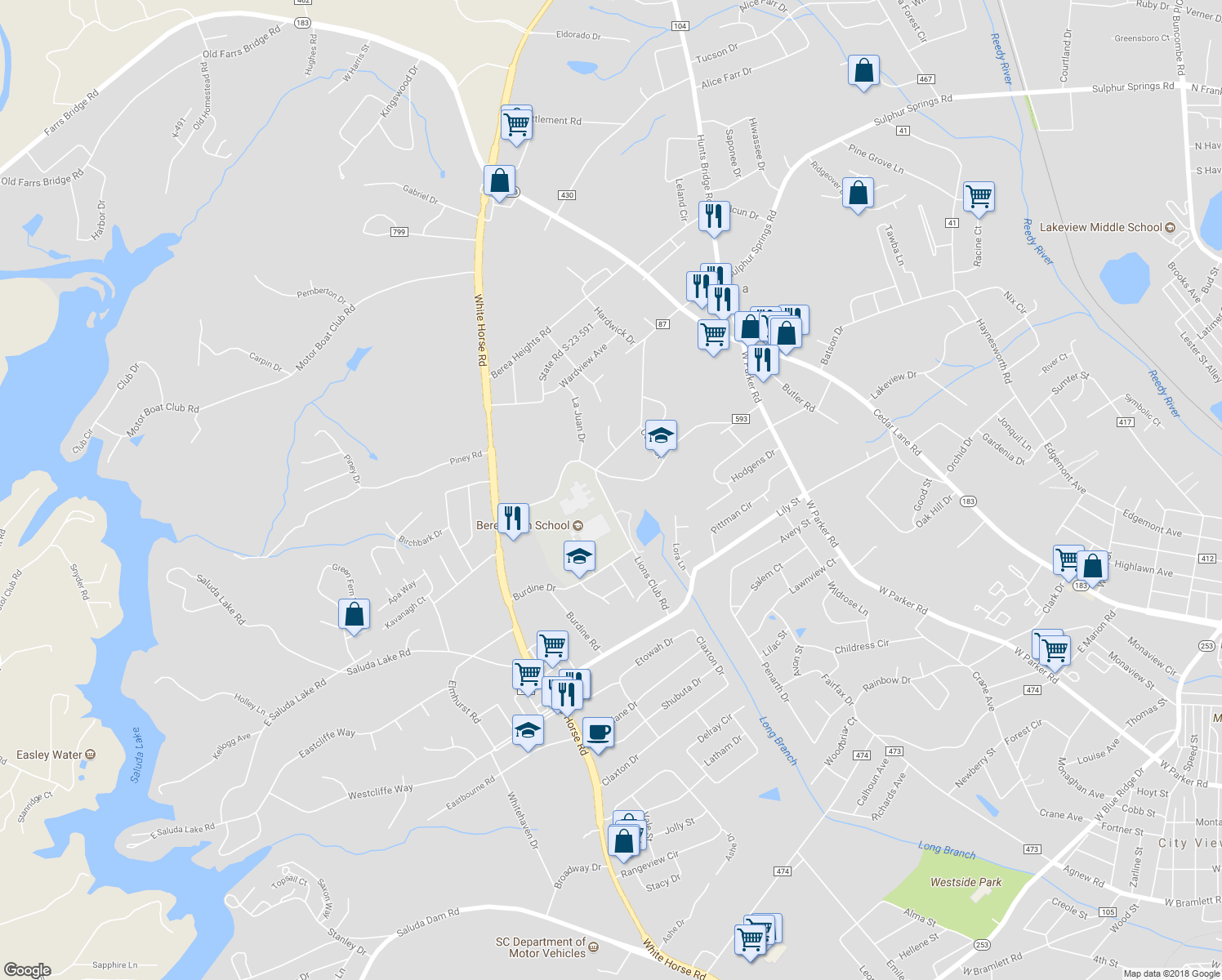 map of restaurants, bars, coffee shops, grocery stores, and more near 7 Lions Club Road in Greenville