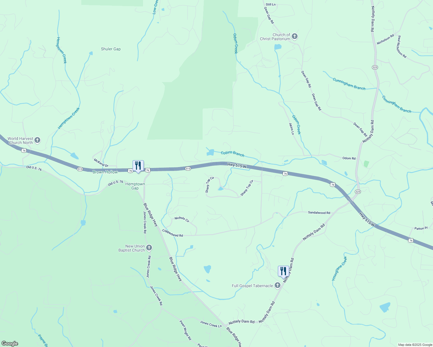 map of restaurants, bars, coffee shops, grocery stores, and more near 542 Sharp Top Circle in Blairsville