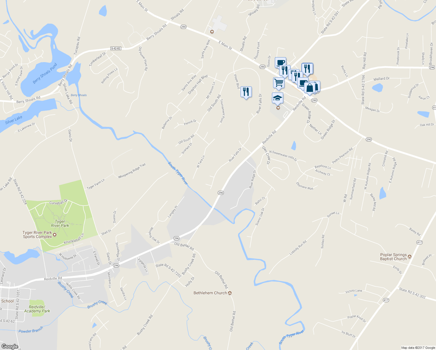 map of restaurants, bars, coffee shops, grocery stores, and more near 277 River Falls Drive in Duncan