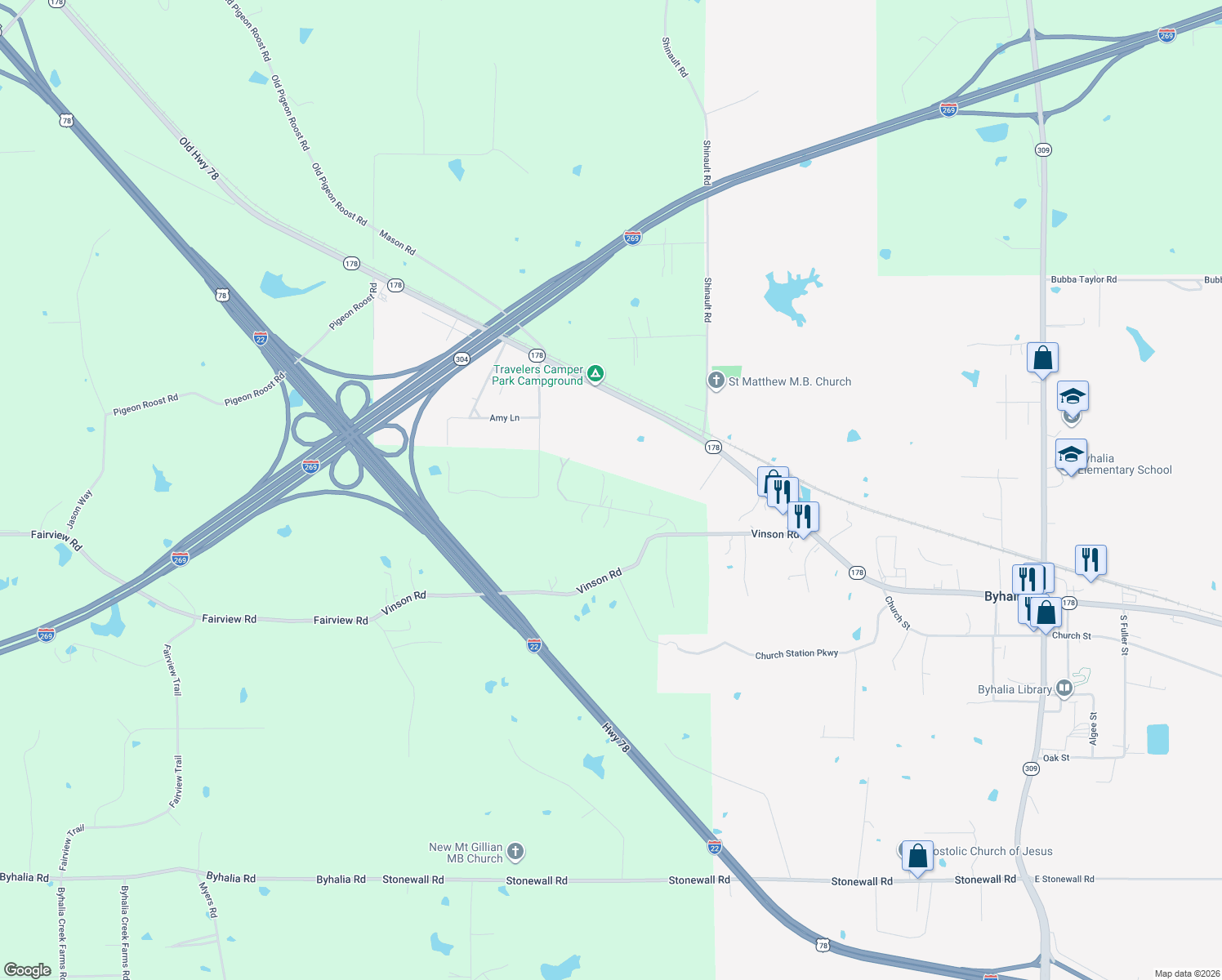 map of restaurants, bars, coffee shops, grocery stores, and more near 116 Embry Rd in Byhalia