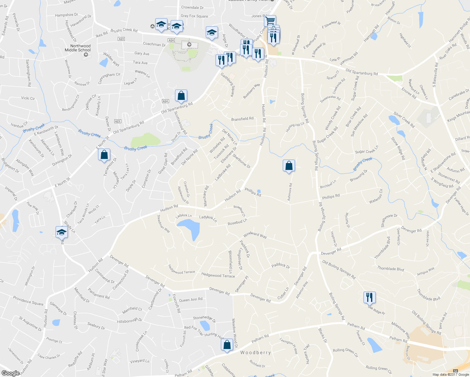 map of restaurants, bars, coffee shops, grocery stores, and more near 1611 Hudson Road in Greer