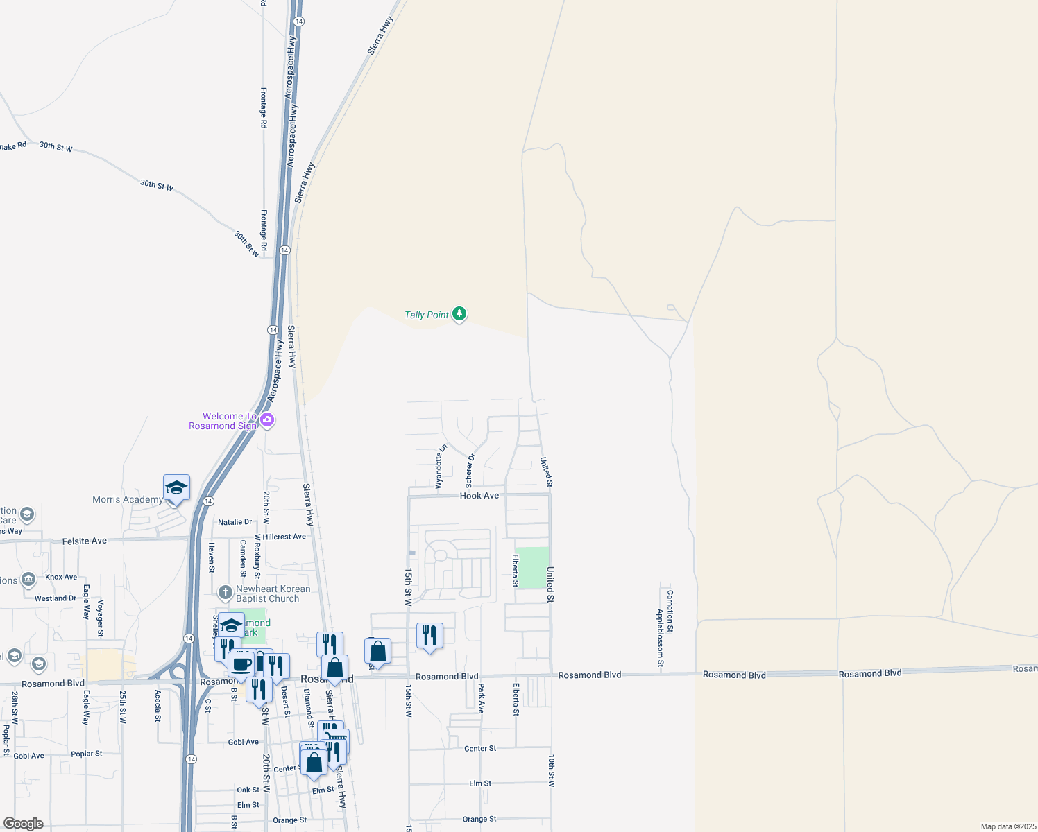 map of restaurants, bars, coffee shops, grocery stores, and more near Barrington Avenue in Rosamond