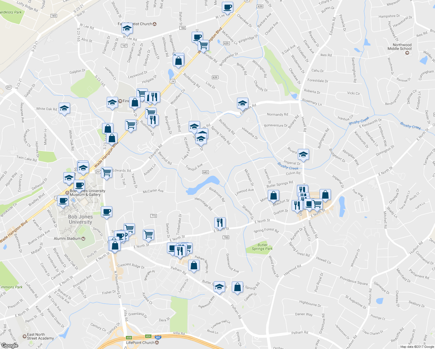 map of restaurants, bars, coffee shops, grocery stores, and more near 102 Shannon Drive in Greenville