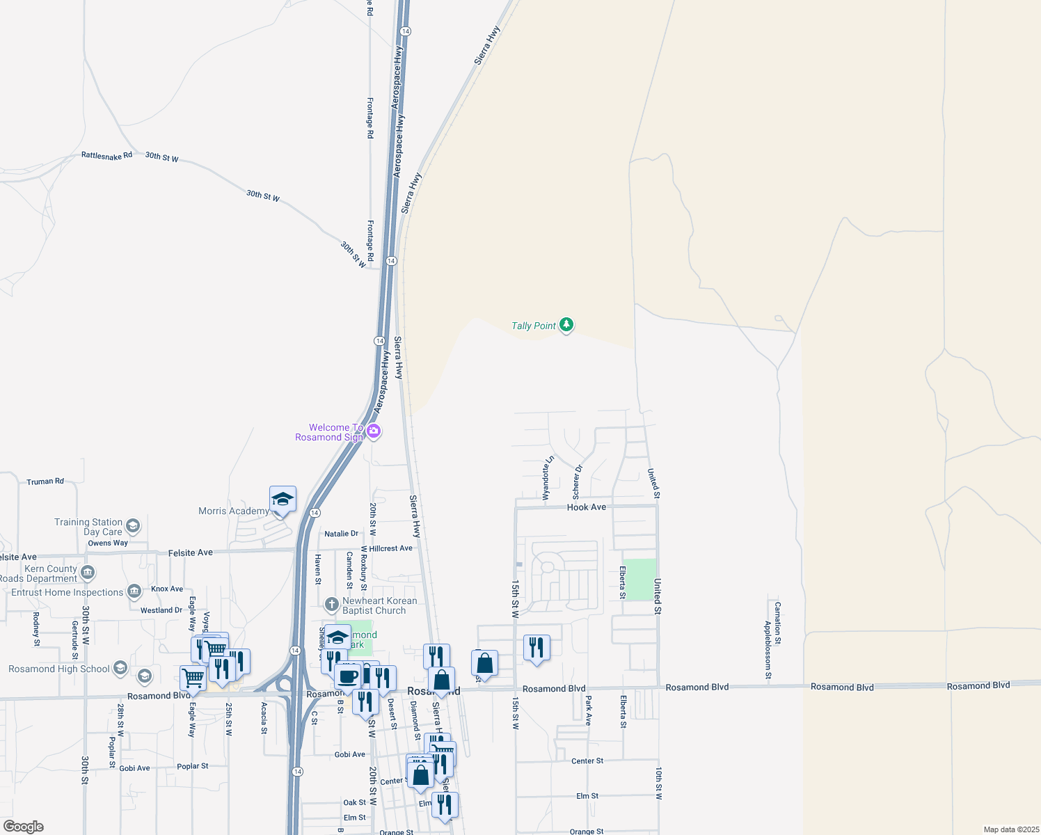 map of restaurants, bars, coffee shops, grocery stores, and more near 1456 Bradford Avenue in Rosamond