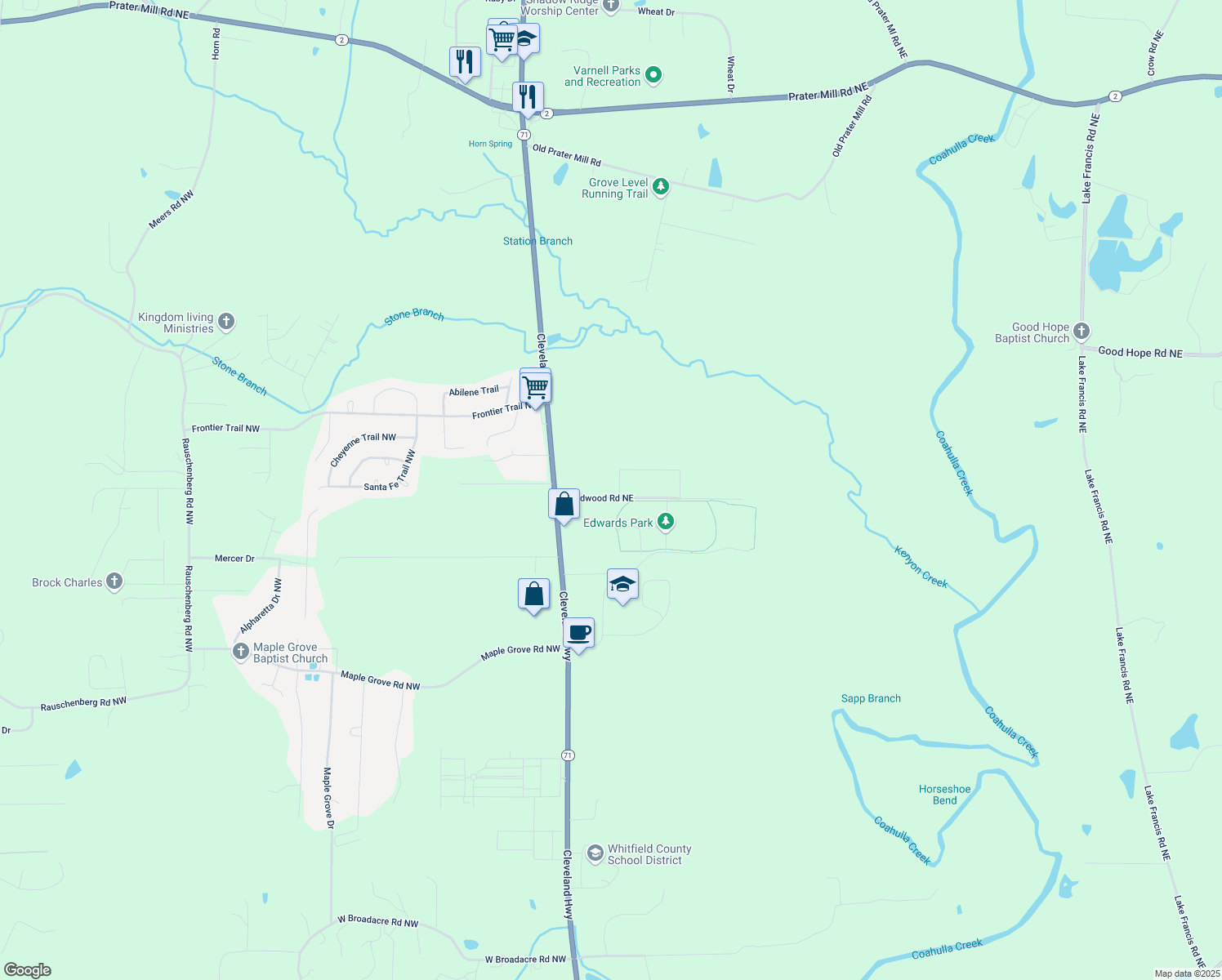 map of restaurants, bars, coffee shops, grocery stores, and more near 145 Wildwood Rd NE in Dalton