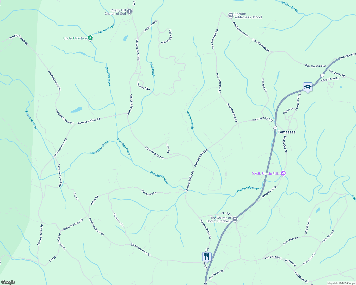 map of restaurants, bars, coffee shops, grocery stores, and more near 601-685 White Oak Farms Road in Oconee